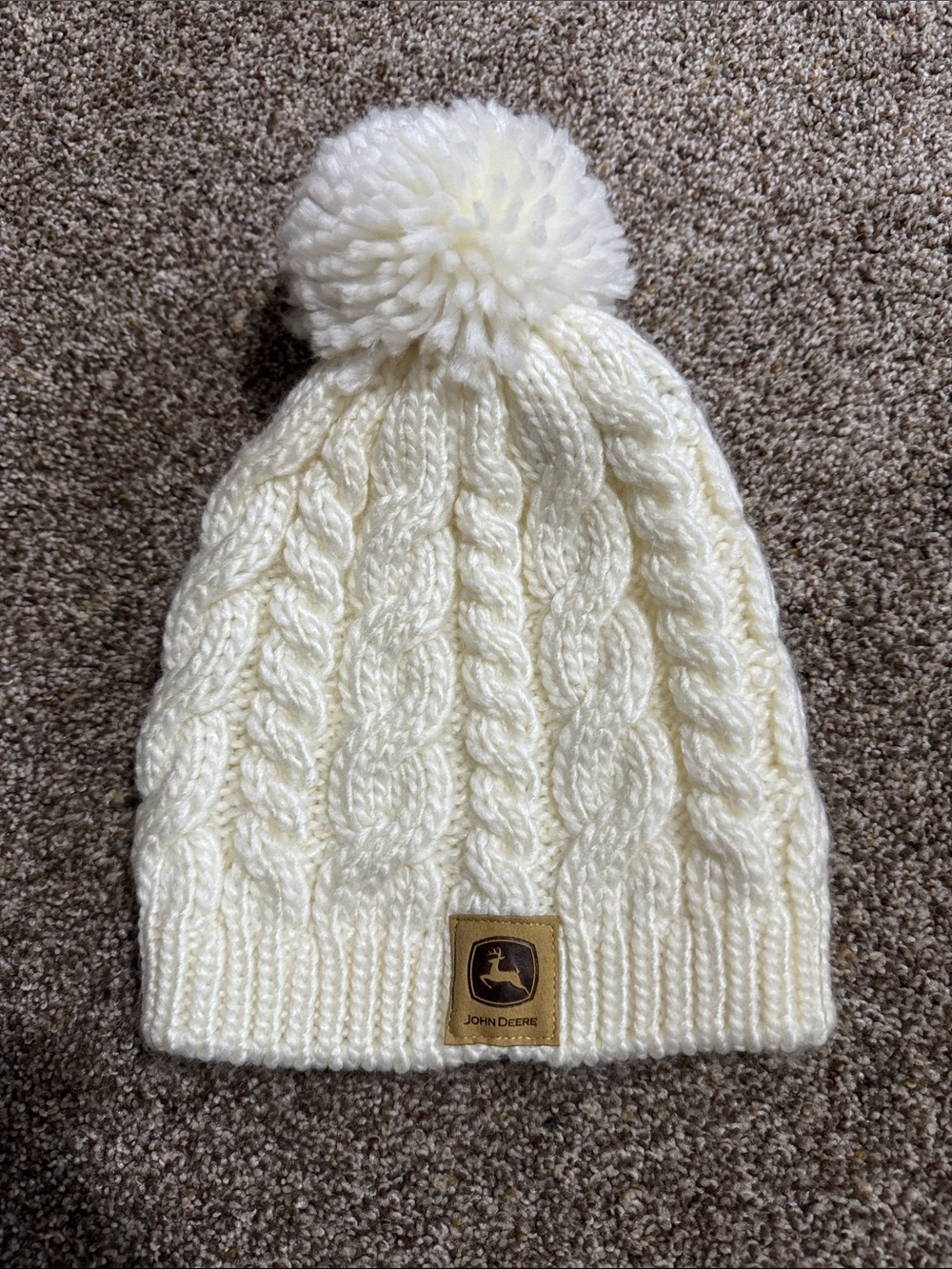 John Deere Cream Cable-Knit Pom Pom Beanie